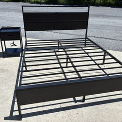 Metal Bed Frame Queen Size with Wooden Headboard & Footboard, usb charging station + nightstand 