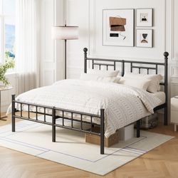 46  Inch Metal Platform Bed Frame with Victorian Vintage Headboard and Footboard, Easy Assembly