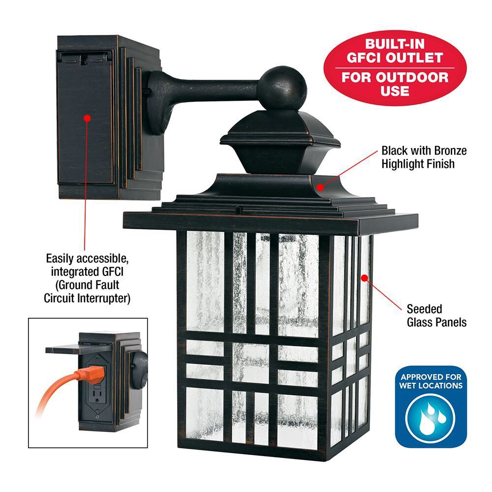 Mission Style Black with Bronze Highlight Outdoor Wall Lantern with Built-In Electrical Outlet (GFCI)