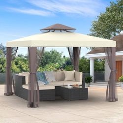 10'x10' Canopy Tent w/Removable Netting, White 2-Tier Top Patio Gazebo Outdoor Waterproof UV-Resistant Sturdy Canopy Shelter Tent for Camping for Gard