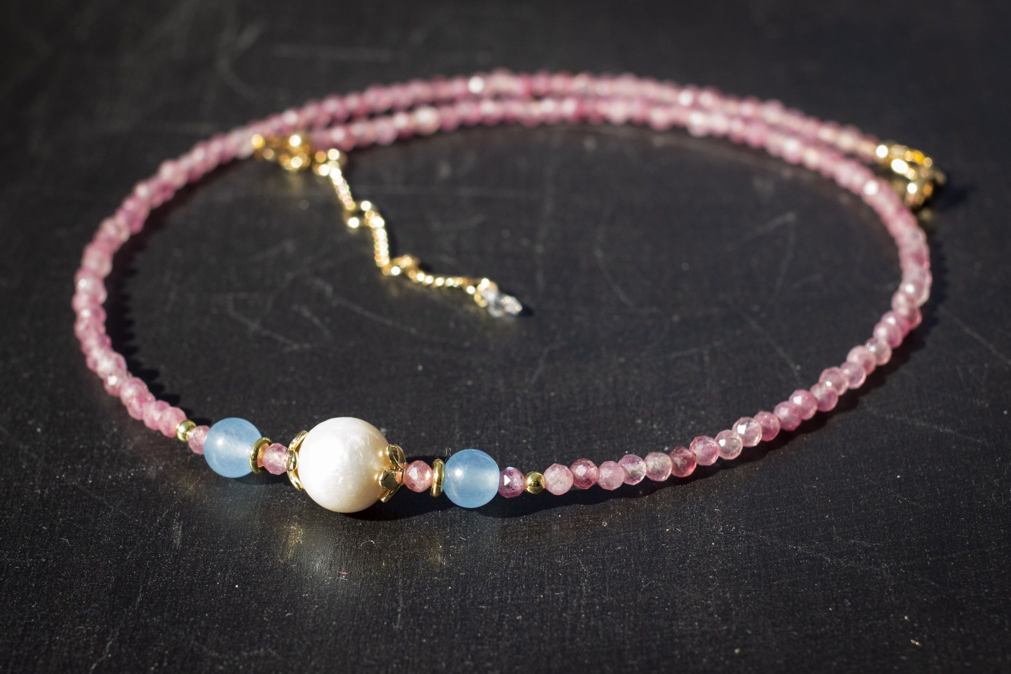 New natural pink tourmaline choker with real pearl, turmalin necklace 