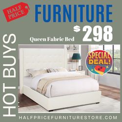 Save 50% On This White Fabric Queen Bed 