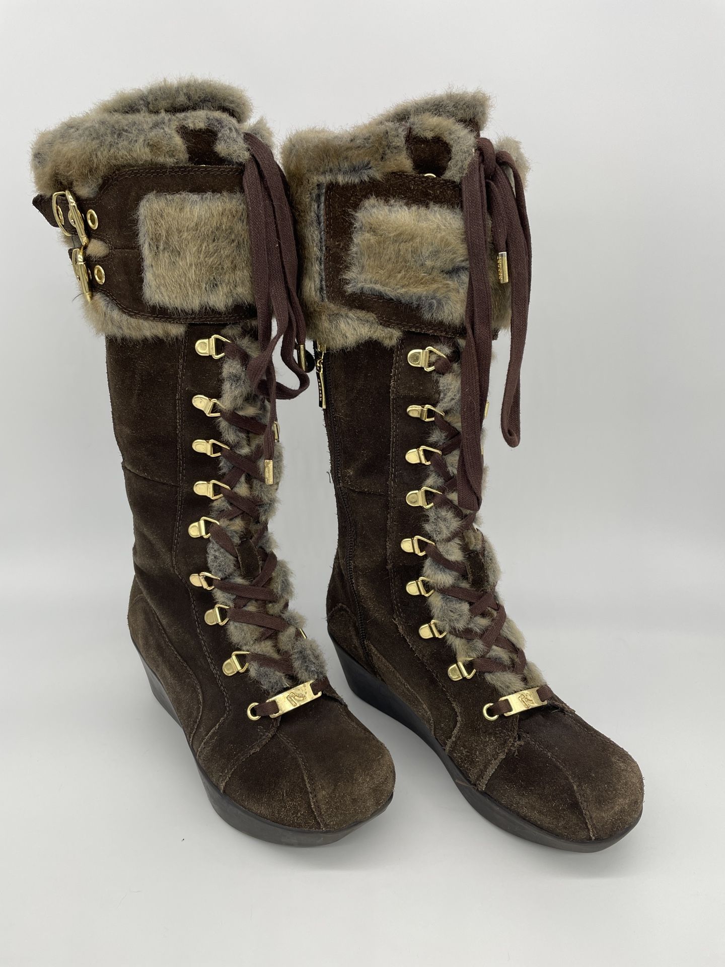 Report Icon Cascade Brown Suede Leather Faux Fur Boots Zipper Lace Up Sz 7.5