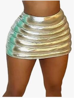 Women's shiny gold metallic bubble-quilted skirt, sexy mini skirt Quilted Puffer Evening Party Going Out Skirts