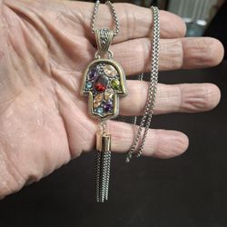 Hamsa Or Hand Of Fatima Pendant Necklace, Beautiful Multicolored Gems On Rhodium Plated Silvertone W/27" Round Box Link Chain - SEE DESCRIPTION 