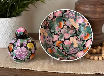 Floral Ceramic Dish & Lidded Jar Set