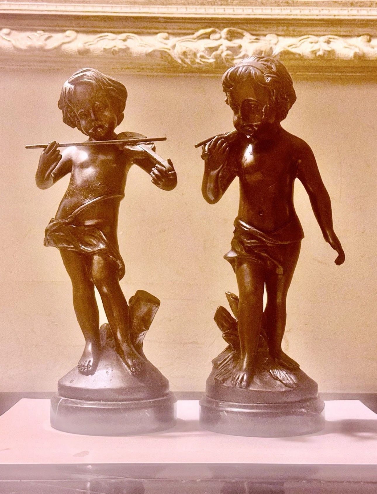 Vintage (Pair) of Adorable Bronze Cherubs Playing Violin, Signed!