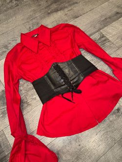 Y2K: Morbid Threads Women’s Red Solid Ruffle Collared Button-Down Bell Sleeve, M