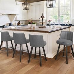 Set Of 4, New 26 Modern Faux Leather 360° Swivel High Back Barstool Solid Wood Counter