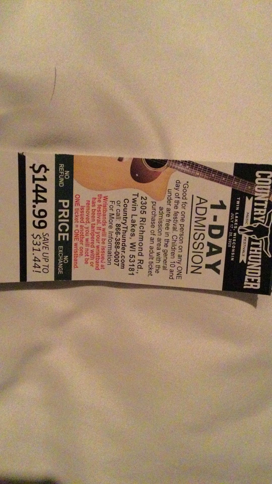 1 Day Ticket Pass To Country Thunder In twin lakes wisc. Next Weekend July 17-21