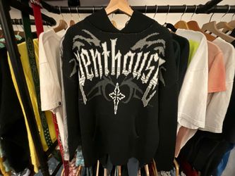 Penthouse Jacquard Knit Hoodie Black White Logo Cross Graphic Designer Streetwear Sweater Size L