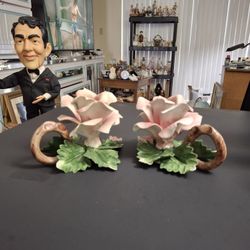 Vintage Capodimonte Italy 🇮🇹  Fine Porcelain Pink Rose Candle Holders, Hand-painted & Made In Italy Set Of 2