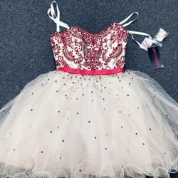 Size 4 Atlanta's dress with layered gown and red rhinestone encrusted gems