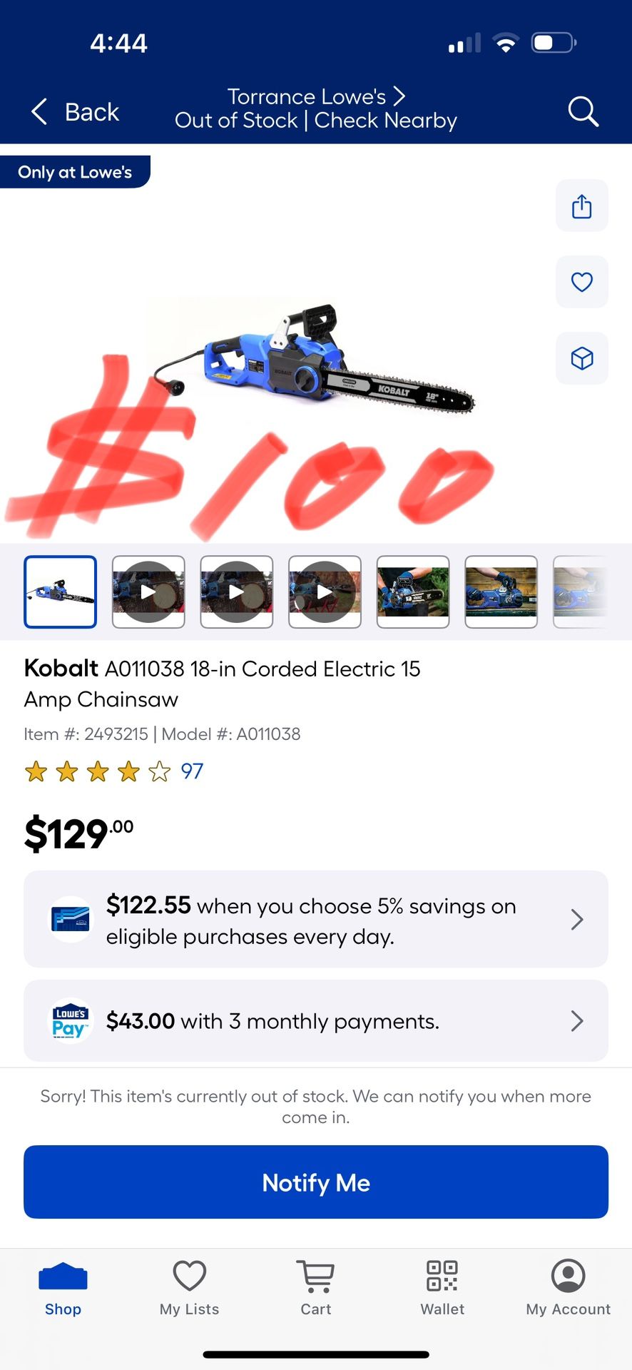 Kobalt A011038 18-in Corded Electric 15 Amp Chainsaw