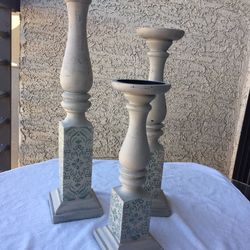 Beautiful Painted Wooden Candle Pillars Set Three