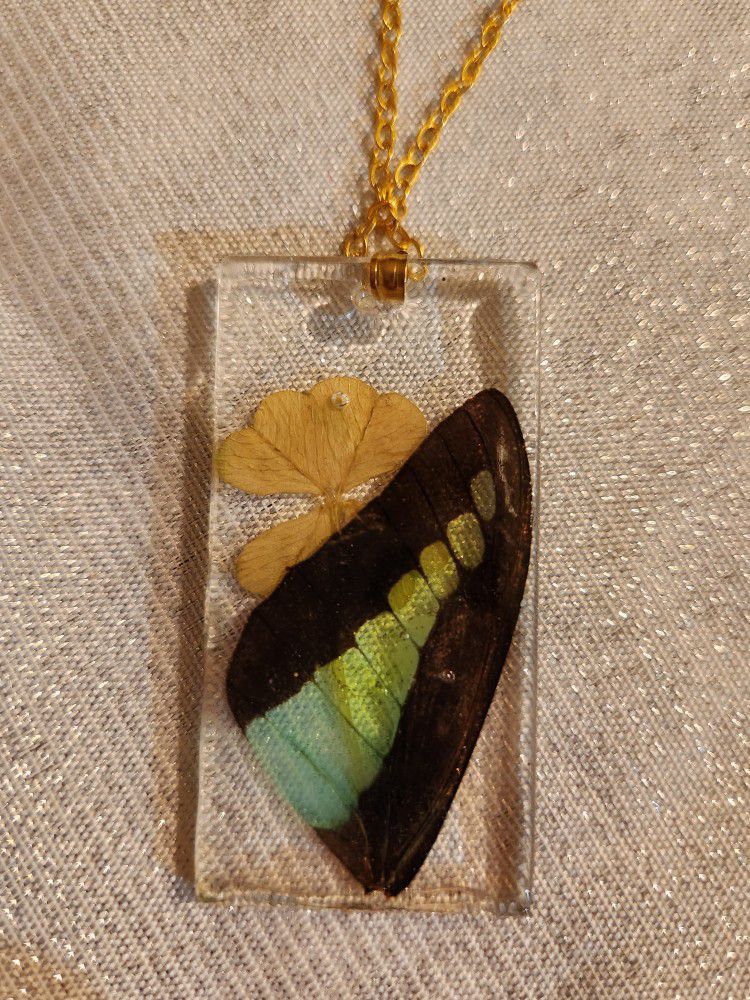 Golden Clover And Butterfly Wing Necklace