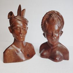Vintage Large Hand-Carved Hard Wood Bali Man & Woman Indonesia Set of 2