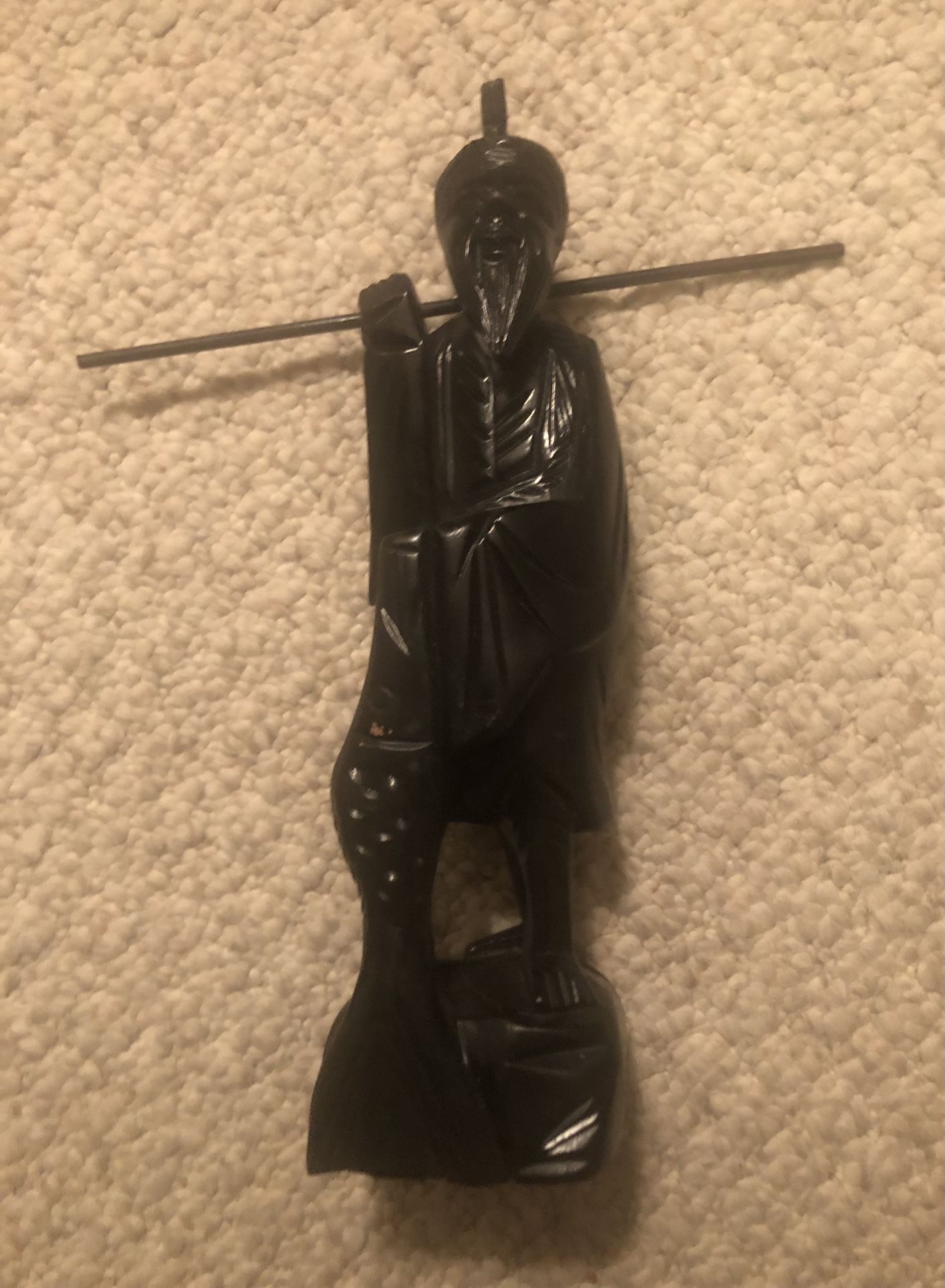 Vintage Hand Carved Wooden Asian Statue Art-9 x 12” Icludes Stick-Crack On Bottom To Front