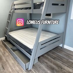 Twin/Full Gray Bunk bed w. Drawers & Ortho Mattresses Included 