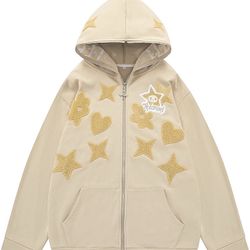 Sweatshirt Star Pattern Print Full Face Zip Loose Sweatshirt Harajuku Zip to Top Hoodie for Mens Womens（XL）