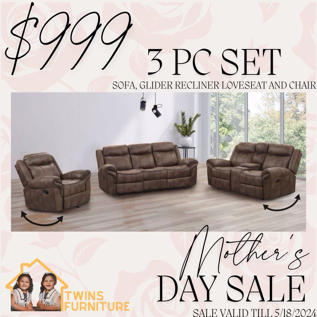 3 Pc Recliner Set ( SOFA, GLIDER RECLINER LOVESEAT AND CHAIR)