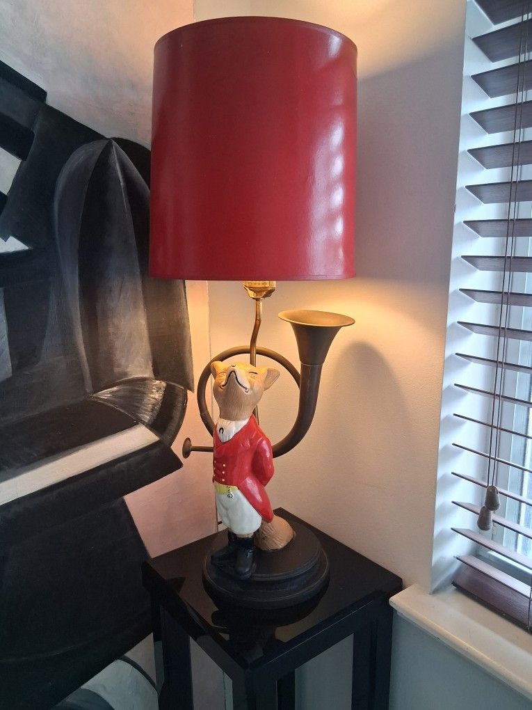 Vintage Antique Cast Iron Fox Lamp with Brass Horn