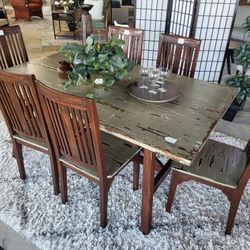 Dining Table 6 Chairs - 7pc Mesquite Wood Dining Set