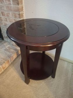 Round Wood End Table with Glass Top