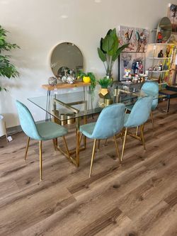 Large Gold Glass Dining Table And 6 Velvet Chairs