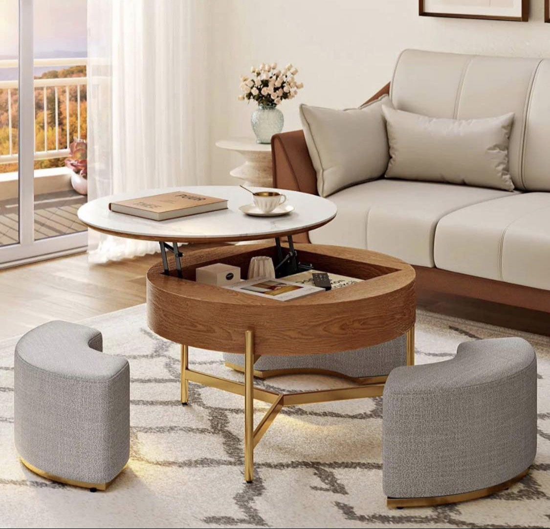 Lift Top Extendable Frame Coffee Table with Storage 3 Stools