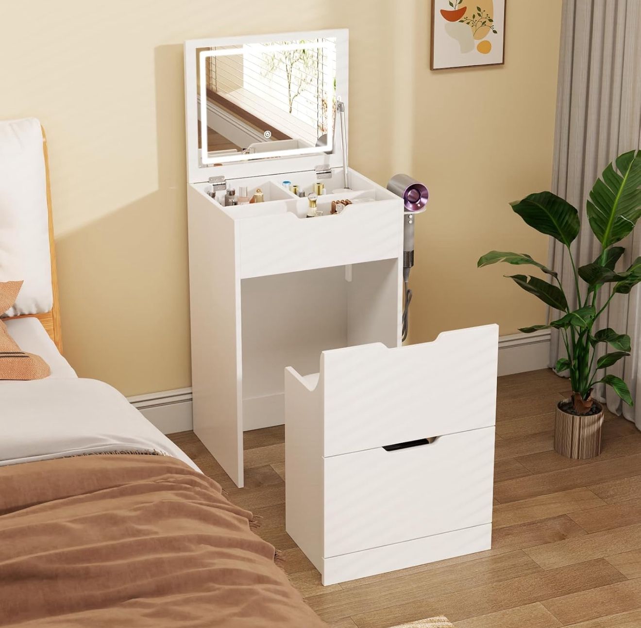 Vanity Desk with Flip Top Mirror and Light,Compact Small Makeup Desk with Power Outlet & 3 Lighting Modes,Hidden Stool with Cabinet, BRAND NEW