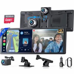 10.3-Inch HD Wireless CarPlay Screen for Car with Rotatable 4K Dash Cam Portable Android Auto Screen with HD Backup Camera, 64GB Card, Bluetooth 5.0, 