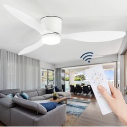 GESUM Ceiling Fan with Light, 52" Low Profile Ceiling Fan with Remote Control Tri-color Temperatures, 6 Speeds,Flush Mount Quiet Ceiling Fan for Kitch