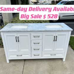 60”grey double sink bathroom vanity with carrara white marble stone top