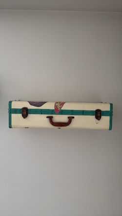 Pottery Barn Shelves, Vintage Hard Shell Suitcase with Travel Stickers