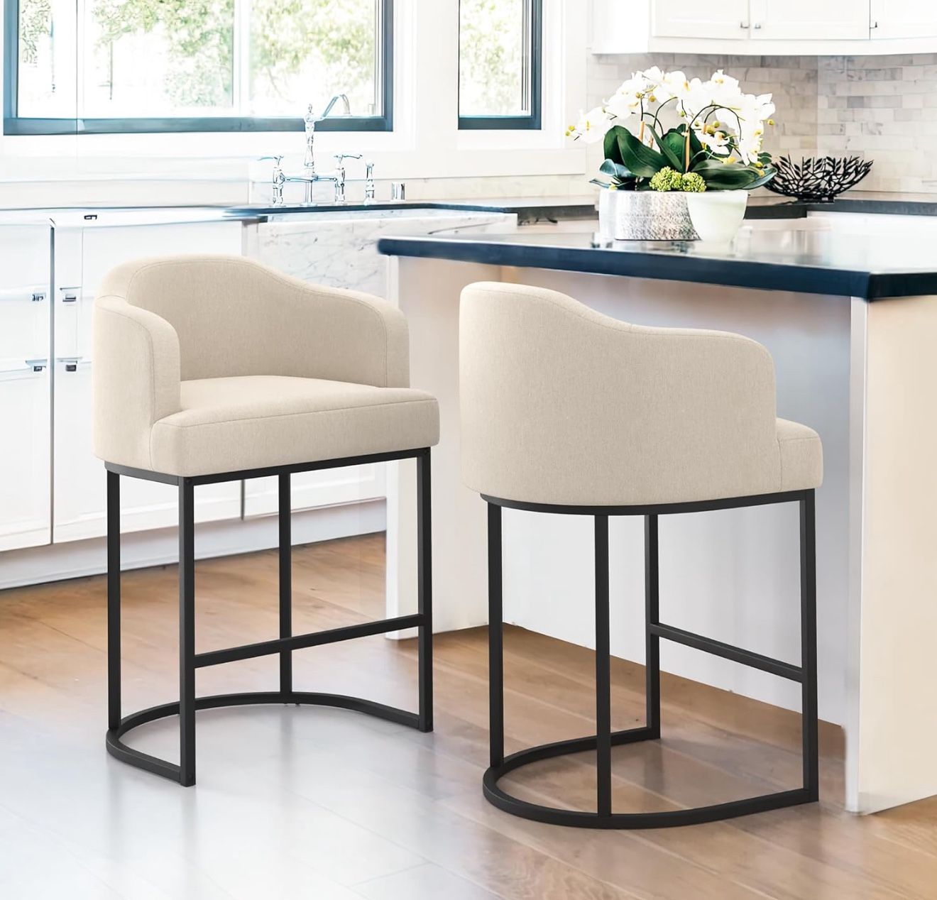 LUE BONA 27" H Counter Height Bar Stools Set of 2, Modern Counter Stools with Curved Backrest and Arms, Black Metal Frames, Linen Fabric Upholstered B