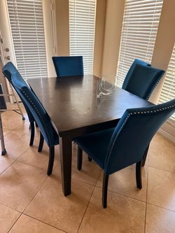 Dark Wood Dining Table with 4 Blue  Velvet Chairs