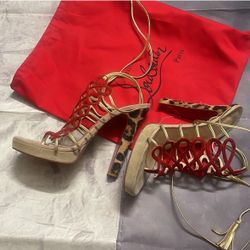 Christian Louboutin Red Suede and Animal Print Calf Hair Heel Tie Up Sandals Size 39 1/2