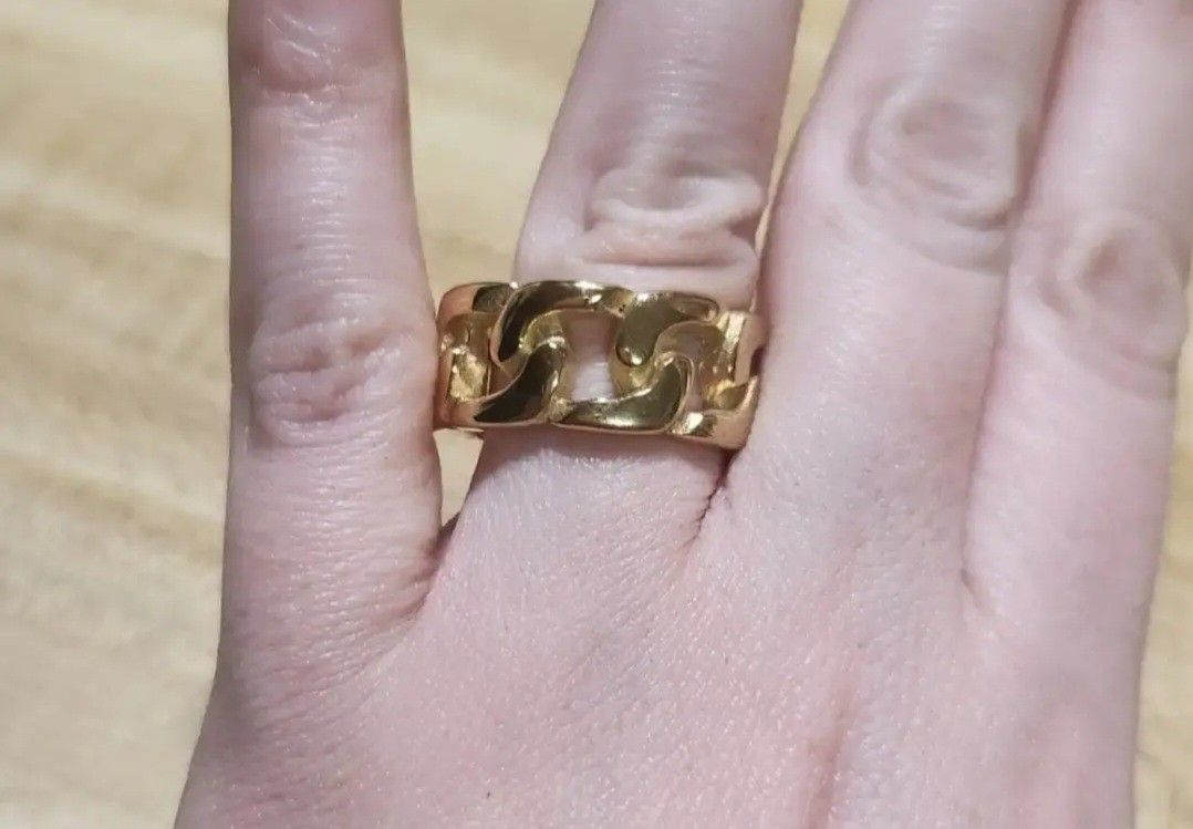 Gold Plated Cuban Link Chain Stainless Steel Ring Size 8