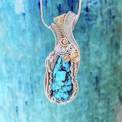 Turquoise Handmade Necklace Pendant With Sterling Silver And 14k Gold