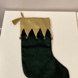 Iridescent Dark Green Velvet Christmas Stocking w/ Gold Trim, Tassel & Round Metal Beads
