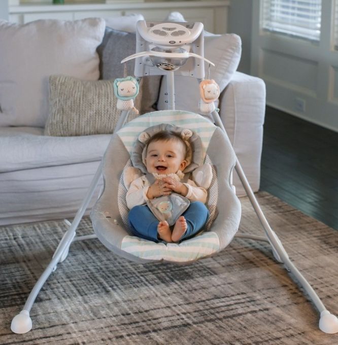 Ingenuity InLighten Baby Swing, Easy-Fold Frame, Swivel Infant Seat, Lights - Landry the Lion (Unisex)