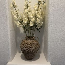 Woven Brown Vase With Beige Flower Stems