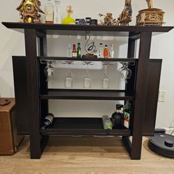 Dark Brown Modern Wine Bar Table with Wine Storage & Glass Racks
