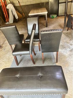Modern Faux Marble Dining Table Set – 6 Pieces (4 Chairs + Bench) – Like New