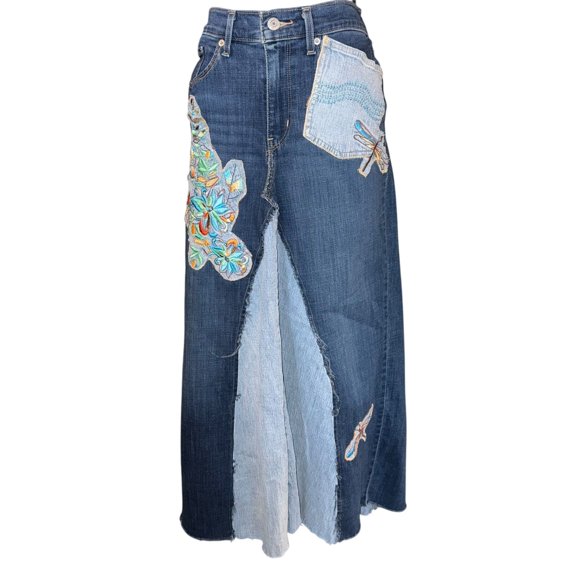 Upcycled Reworked Denim Maxi Skirt Boho Hippie Size 10 Read For Measurements This is a unique upcycled reworked denim maxi skirt in size 10, put to