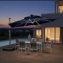 12 Feet Cantilever Umbrella Large Round Umbrella Outdoor Umbrellas Offset Sun Umbrellas Patio Umbrella with Base and Solar Lights