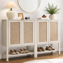 2 Pieces Entry Shoe Organizer Cabinet with 5 Shelves & Doors, Boho Shoe Rack for Hallway, Living Room, Closet (White Cream Oak)