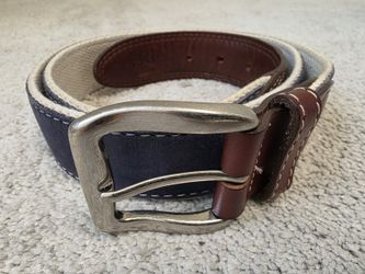 YRI Men's Navy Blue Embroidered Leather Trim Belt Made in USA Size 38/95