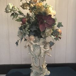 Large Ornate Rococo Angel Vase Faux Flowers 